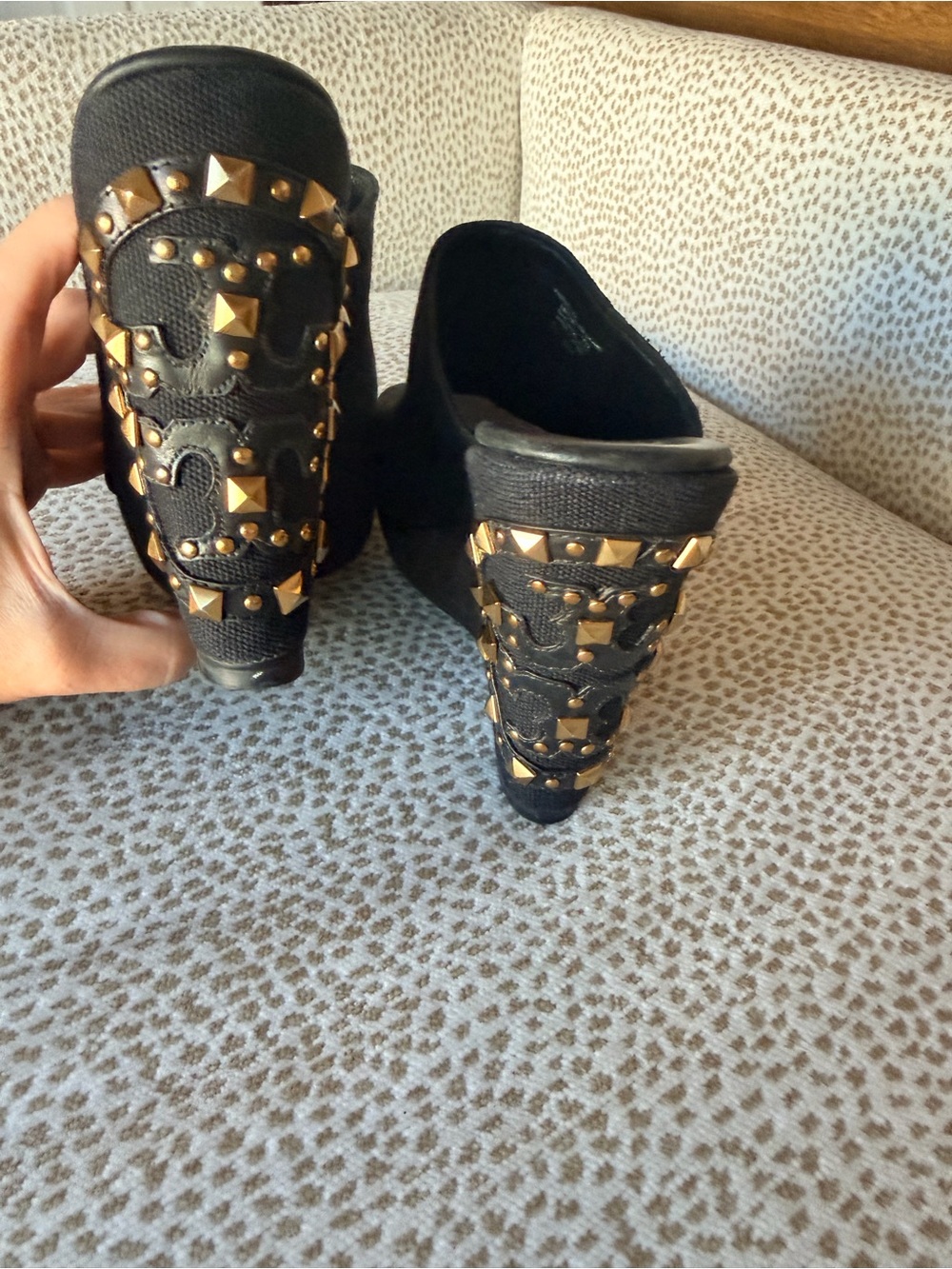 Tory Burch Black wedges with Gold Studs size 6